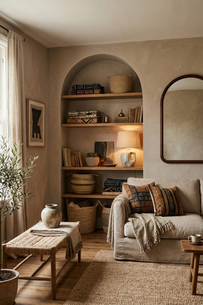Soft neutral living room with round wood coffee table, folded blue textile, sectional sofa, floor lamp, and natural layered decor.
