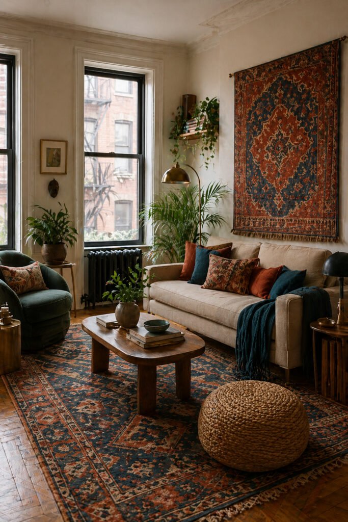 Layered apartment living room with patterned tapestry, beige sofa, teal chair, plants, woven pouf, and decor ideas with personality
