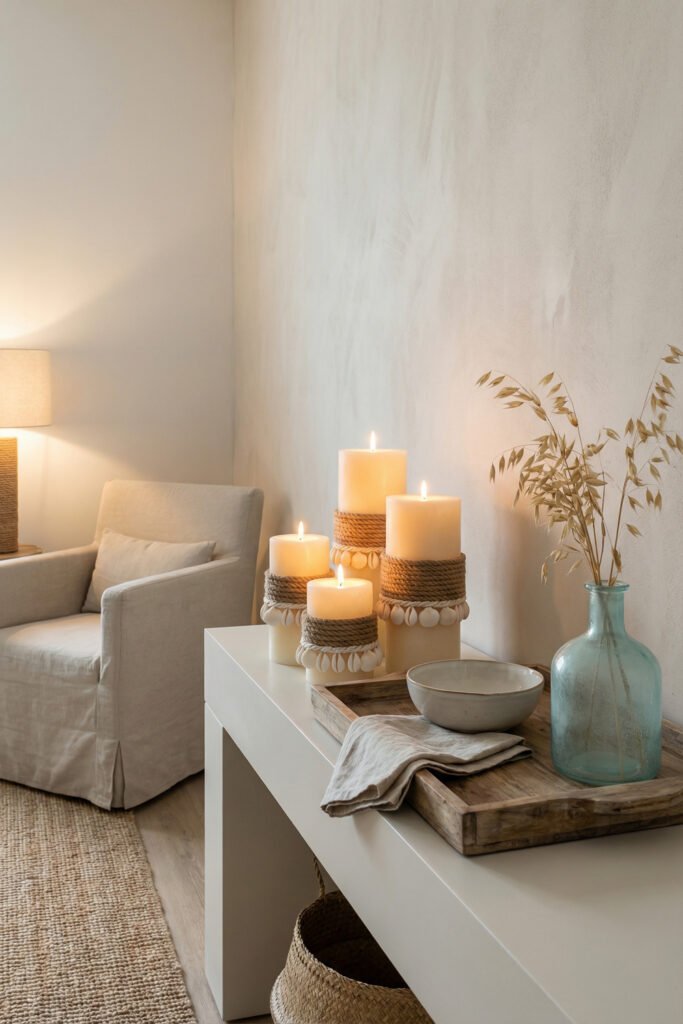 Diy Beach Decor That Feels Fresh for Summer 36 Shell-trimmed pillar candles grouped on a console with wood tray and blue bottle, warm DIY beach decor for summer.