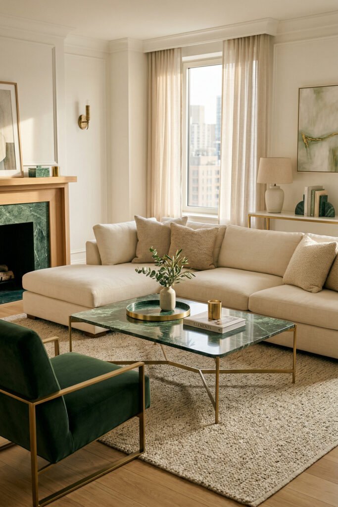 Green And Gold Room Ideas For A Stylish Living Room 40 Cream sectional with green marble and brass coffee table, green fireplace surround, and velvet accent chair in a luxe living room.