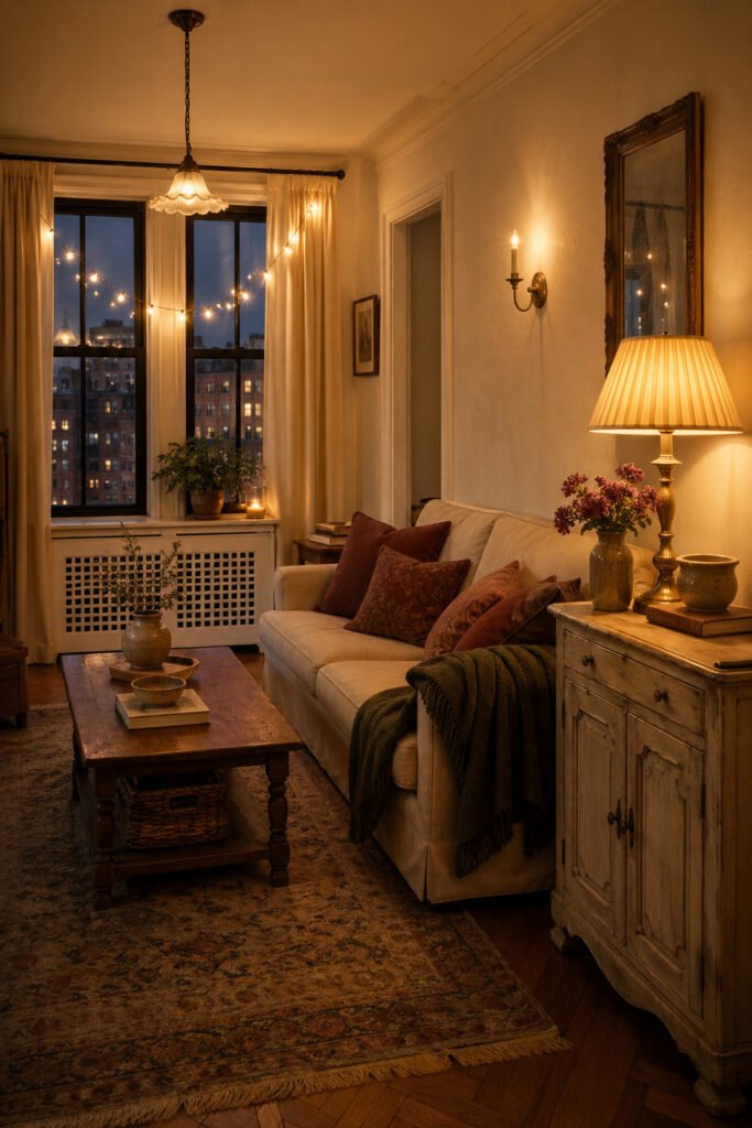 Vintage living room with string lights across the window, brass lamp, wall candle sconce, city view, and warm cozy glow.
