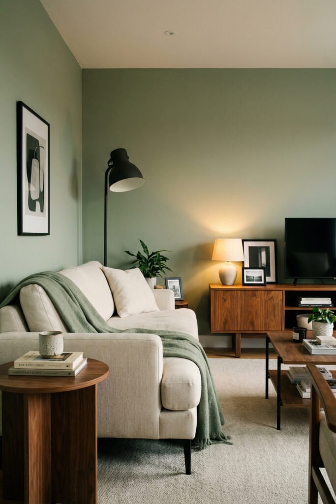 Sage Green And Black Living Room Ideas for a Layered Look 32 Cozy sage wall living room with cream sofa, black floor lamp, walnut media console, TV, and wood coffee tables in a warm layered design.