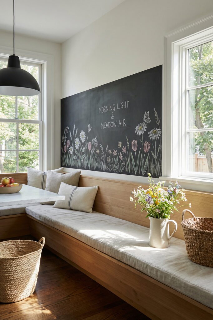Spring Chalkboard Ideas That Feel Fresh and Easy to Style 26 Long wall chalkboard mural with wildflowers, butterflies, and “Morning Light & Meadow Air” above a sunny built-in bench; airy spring chalkboard ideas for dining spaces.