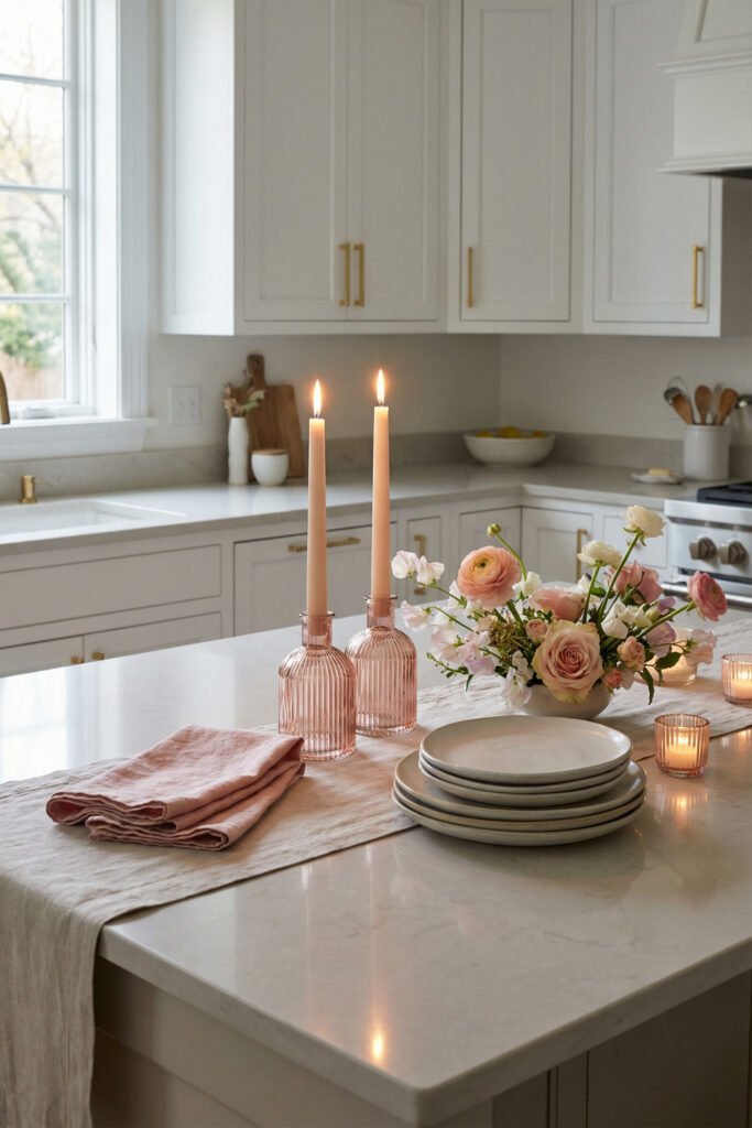 Marble kitchen island with blush taper candles, pink glass holders, stacked plates, linen runner, and a low floral arrangement for refined spring kitchen décor
