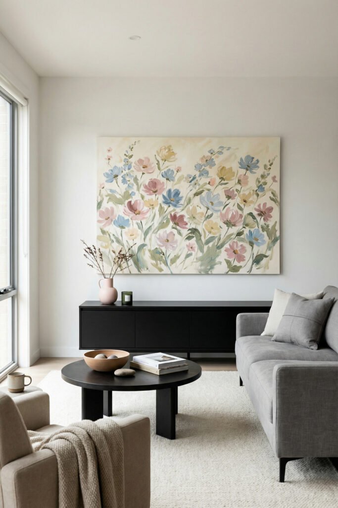Minimal living room with large pastel floral art, black console, gray sofa, and black round coffee table for modern spring living room décor.
