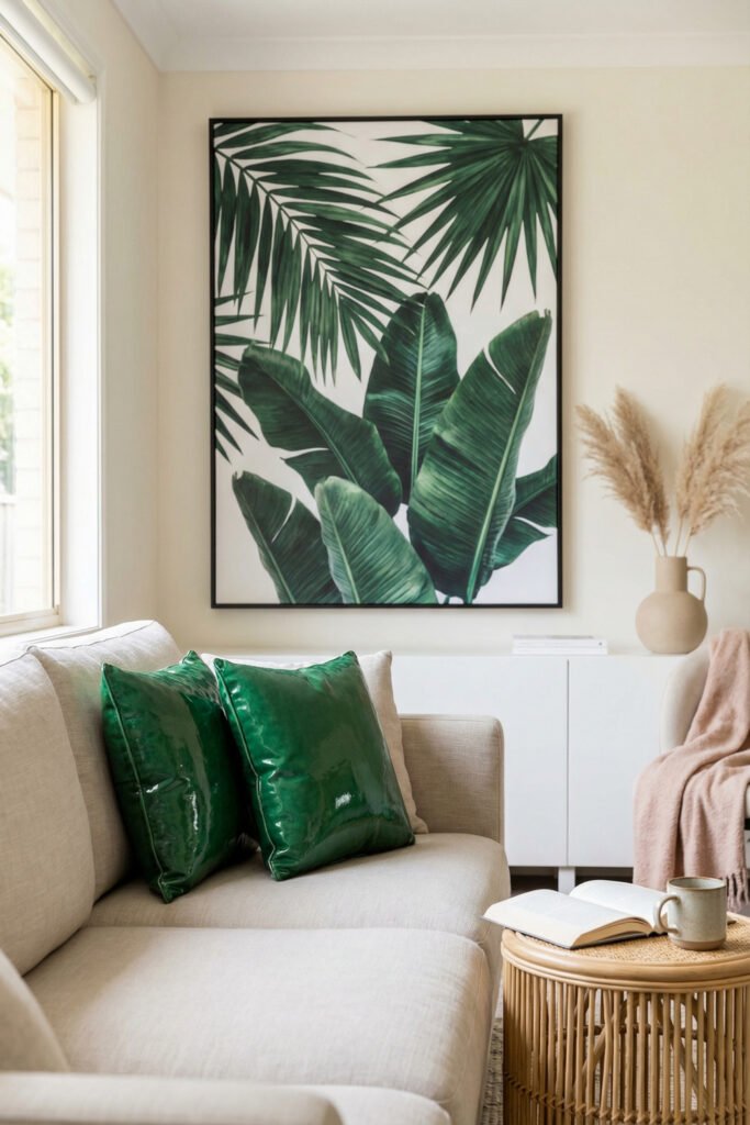 Summer Décor Ideas for an Airy, Collected Home 25 Neutral sofa with glossy green pillows, oversized palm print, rattan side table, and soft textures in bold summer decor.
