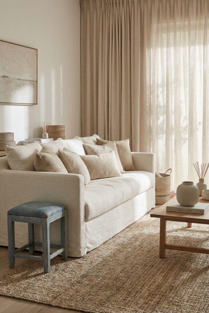 Layered neutral sofa with beige pillows, gauzy curtains, woven textures, and a blue stool in a calm summer living room.
