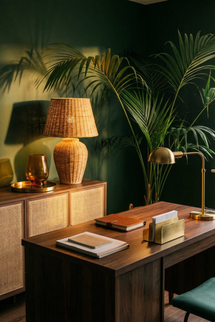 Close-up of dark green office with wicker lamp, brass desk lamp, palm, cane cabinet, and wood desk for luxe Summer Office Decor.
