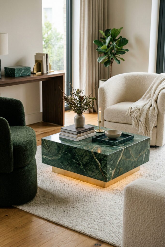 Green And Gold Room Ideas For A Stylish Living Room 41 Square green marble coffee table with brass base, boucle chairs, wood console, and soft neutral decor in a calm modern living room.