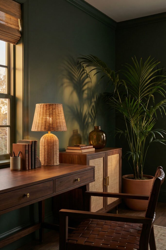 Dark green office corner with wicker lamp, dark wood desk, woven chair, cane cabinet, and palm styled for Summer Office Decor.
