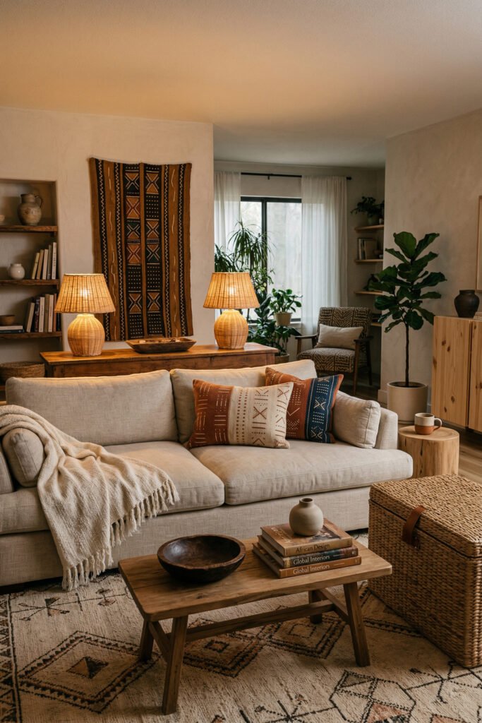 Cozy living room with cream sofa, woven lamps, hanging textile art, rustic coffee table, warm pillows, and layered natural textures in Afro Boho Decor style.
