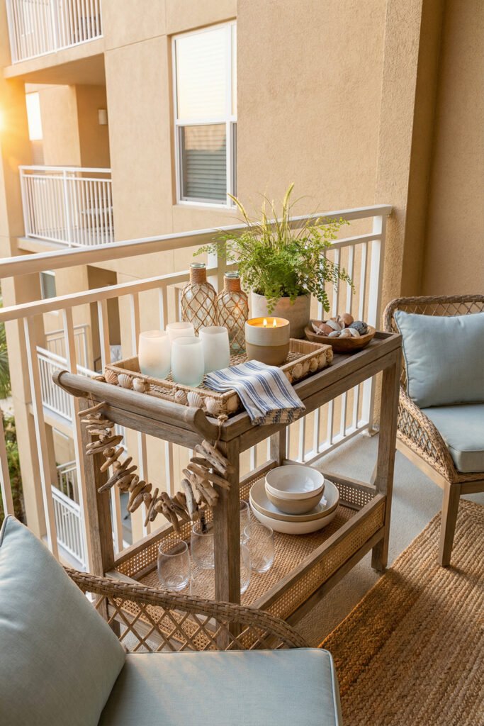 Diy Beach Decor That Feels Fresh for Summer 37 Apartment balcony bar cart styled with shell tray, bottles, candle, and driftwood garland, inviting DIY beach decor.