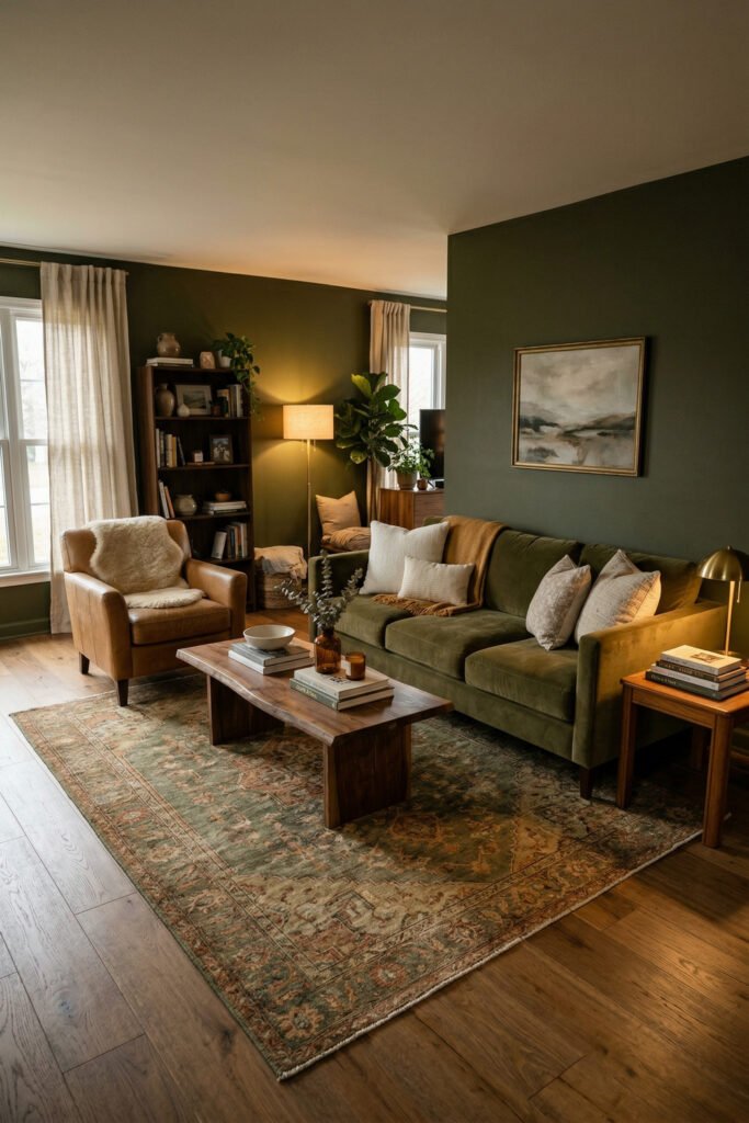 Green And Gold Room Ideas For A Stylish Living Room 42 Moody olive green living room with velvet sofa, leather chair, wood coffee table, patterned rug, and warm ambient lighting.