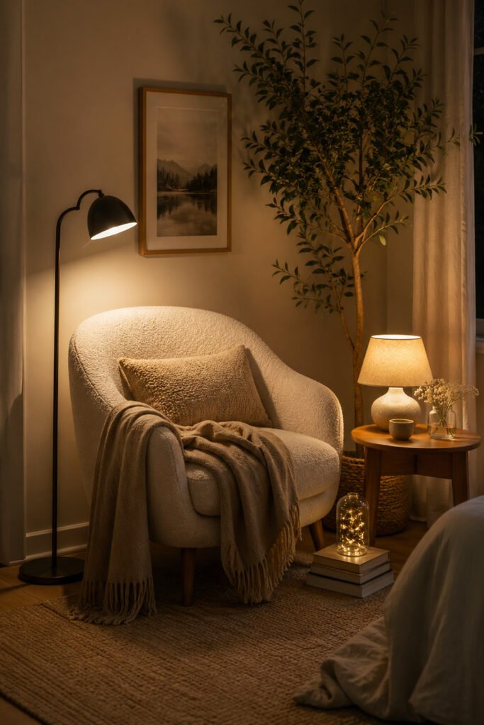 Cozy reading corner with floor lamp, small table lamp, glowing jar lights, boucle chair, plant, and soft neutral textures.
