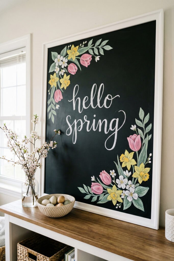 Spring Chalkboard Ideas That Feel Fresh and Easy to Style 27 Large white-framed chalkboard with floral corners and “hello spring” lettering, styled with blossom branches and speckled eggs on a console table.
