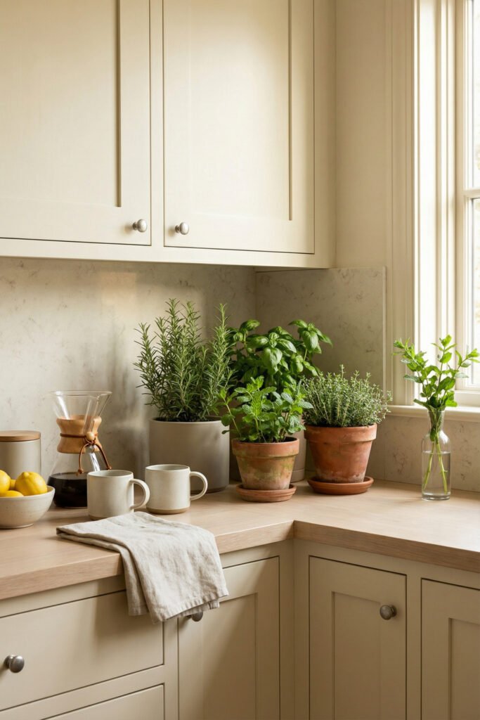 Neutral kitchen counter styled with potted herbs, lemons, coffee carafe, mugs, and a linen towel for fresh, functional spring kitchen décor
