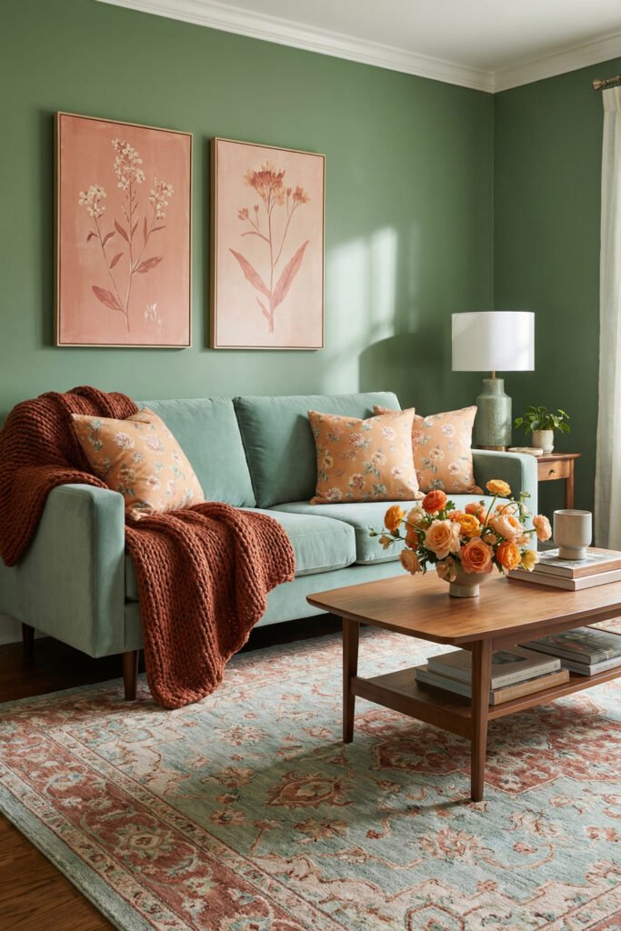 Green living room with blush floral art, mint sofa, rust throw, vintage rug, and orange blooms for bold spring living room décor.
