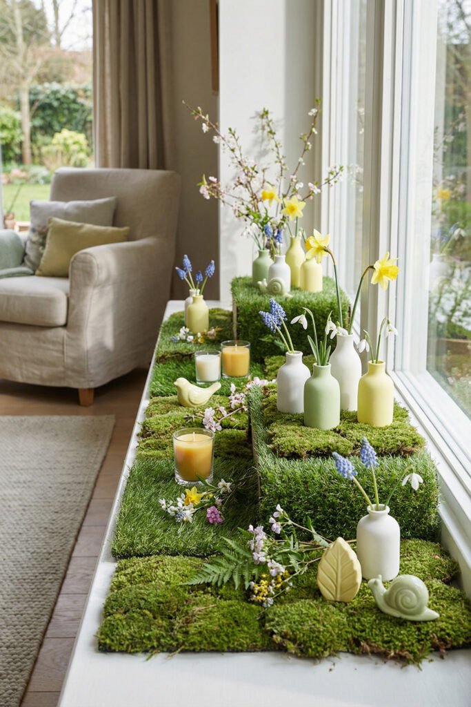 Spring Window Display Ideas For A Light-Filled Season 19 Moss-covered spring window display with pastel bud vases, candles, tiny blooms, and ceramic accents styled along a sunny sill.