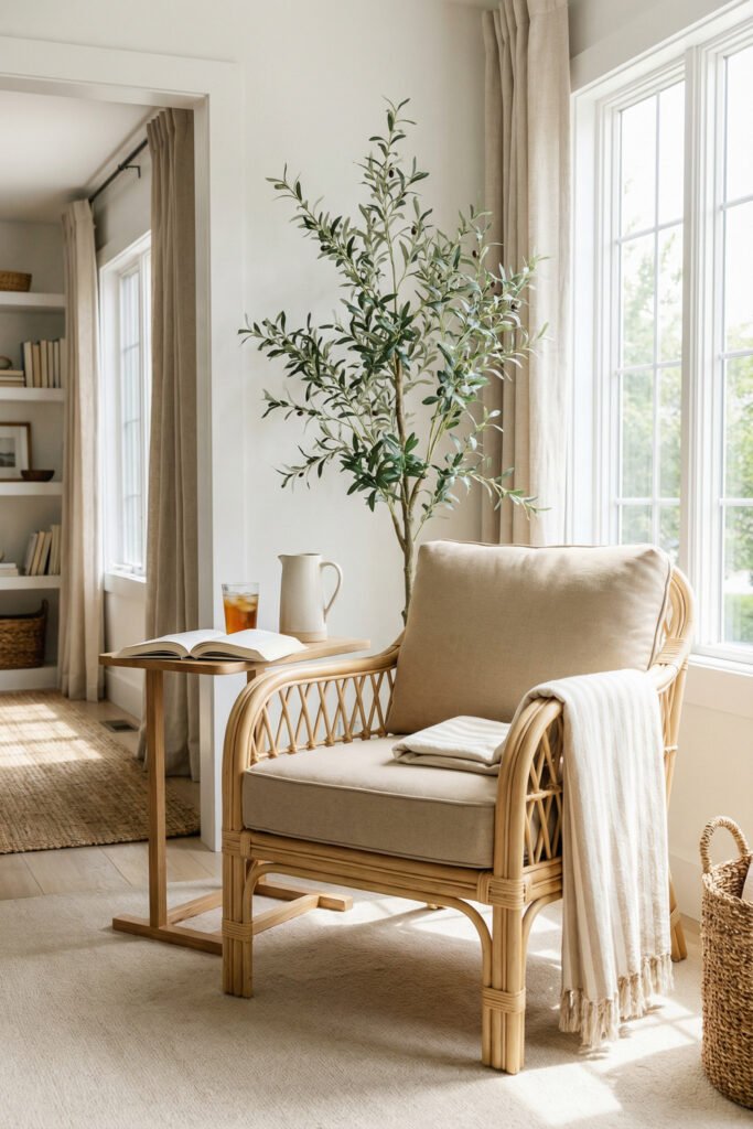 Summer Décor Ideas for an Airy, Collected Home 26 Sunlit corner with rattan armchair, olive tree, pale wood side table, linen curtains, and neutral layers for quiet summer decor.