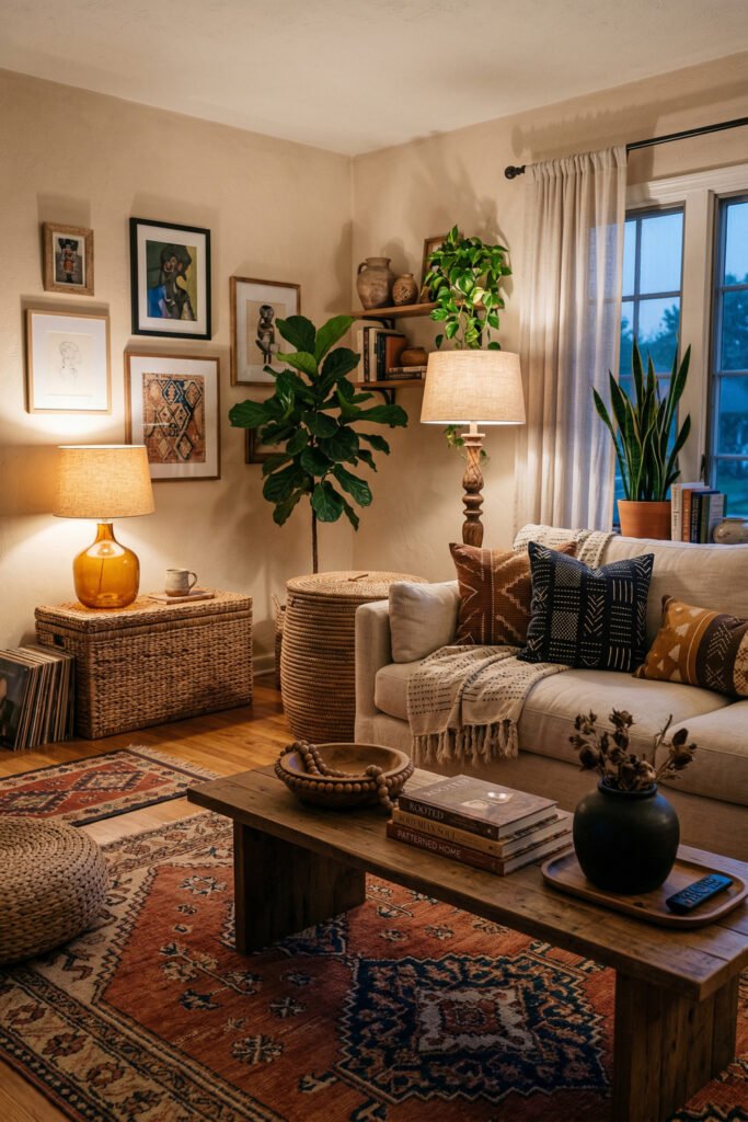 Evening living room with amber lamp, gallery wall, woven side tables, cream sofa, mudcloth pillows, wood coffee table, and vintage rug in Afro Boho Decor style.
