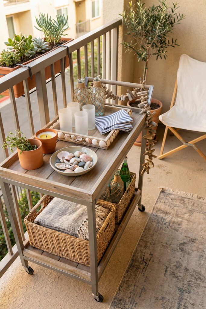 Diy Beach Decor That Feels Fresh for Summer 38 Balcony cart with shell-filled tray, driftwood garland, bottles, and woven baskets, practical DIY beach decor for outdoor summer nights.