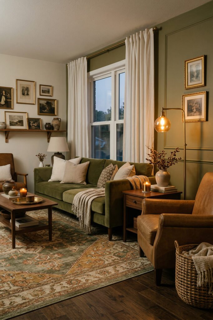 Green And Gold Room Ideas For A Stylish Living Room 43 Traditional olive sofa with leather chairs, vintage-style rug, framed art, and glowing brass floor lamp in a cozy living room.
