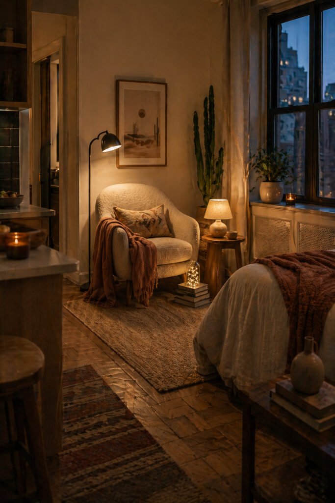 Small bedroom reading nook with arched floor lamp, table lamp, jar lights, cactus, city window, and warm cozy lighting.
