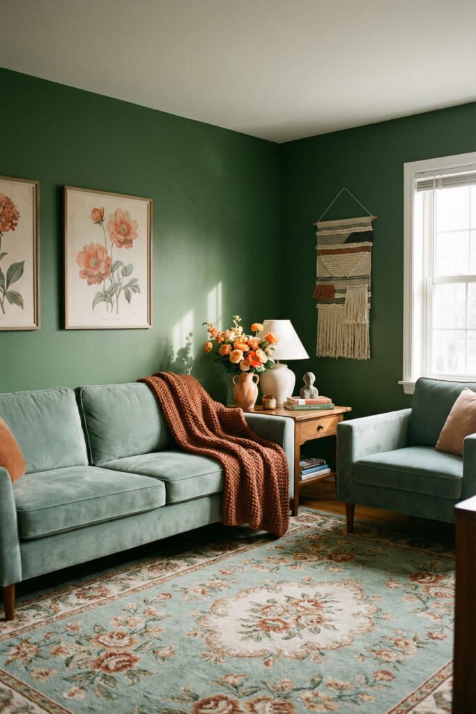 Moody green living room with teal sofa and chair, floral art, bouquet, macramé wall hanging, and vintage rug for spring living room décor.
