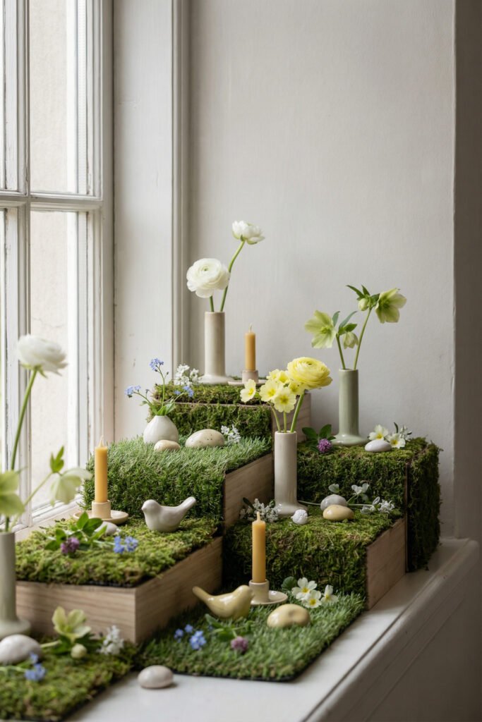Spring Window Display Ideas For A Light-Filled Season 20 Layered spring window display with moss-covered risers, tiny candles, ceramic birds, eggs, and pale blooms styled on a bright windowsill.
