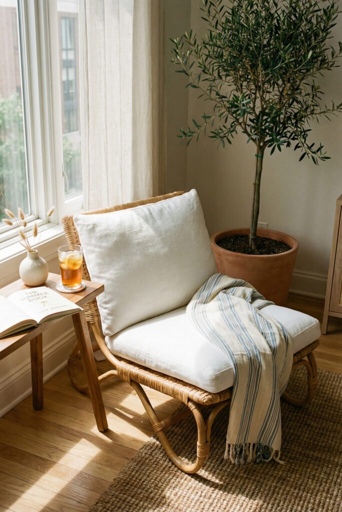 Summer Décor Ideas for an Airy, Collected Home 27 Rattan lounge chair by the window with white cushion, striped throw, iced tea, book, and olive tree in relaxed summer decor.