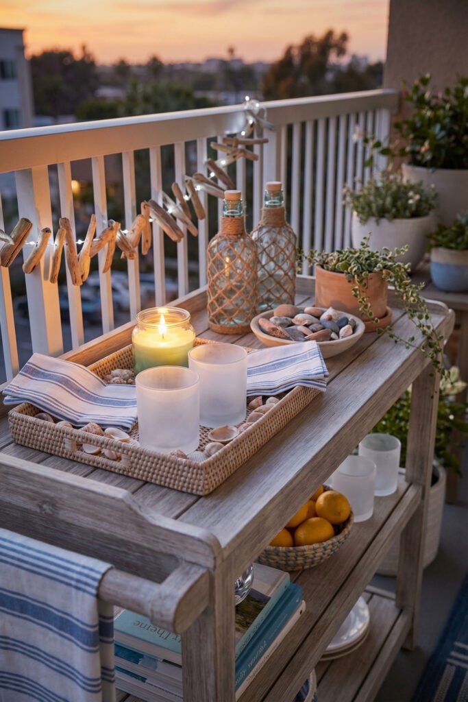 Diy Beach Decor That Feels Fresh for Summer 39 Outdoor bar cart with candle, shell tray, blue striped linens, and driftwood garland at sunset, cozy DIY beach decor.