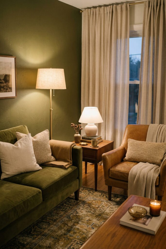Green And Gold Room Ideas For A Stylish Living Room 44 Close-up of olive green sofa, leather chair, wood side table, soft lighting, and layered textiles in a warm moody living room.