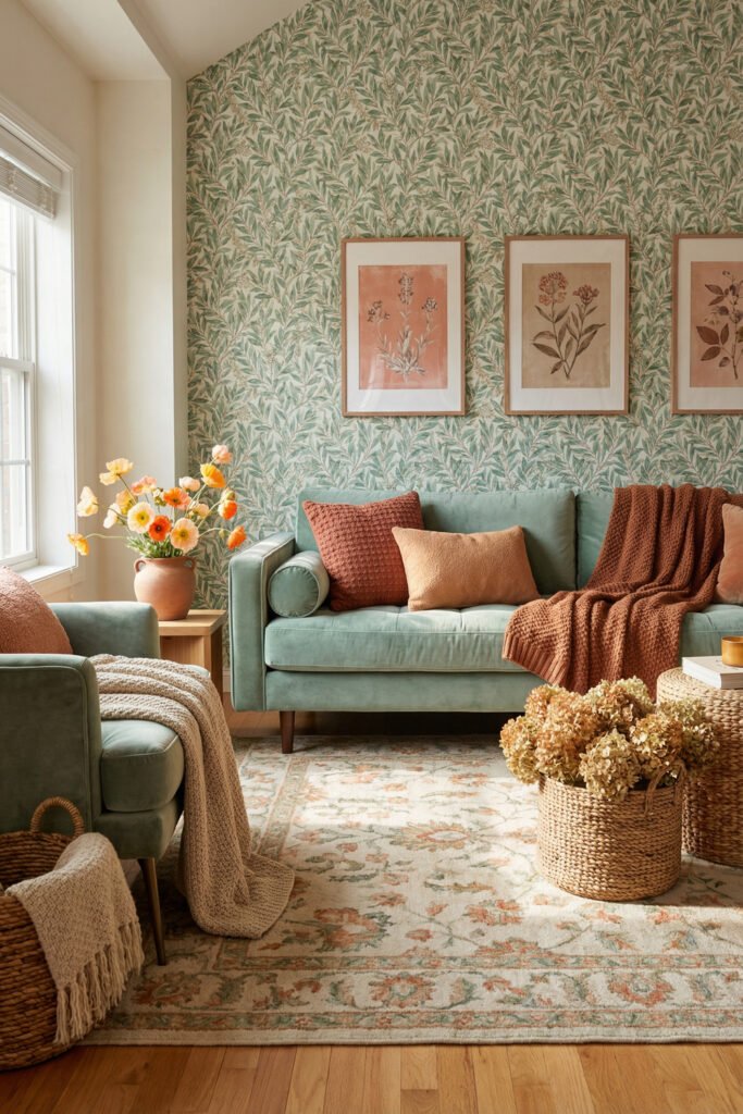 Leafy wallpaper, sage seating, rust throws, botanical prints, woven baskets, and floral rug create layered spring living room décor.
