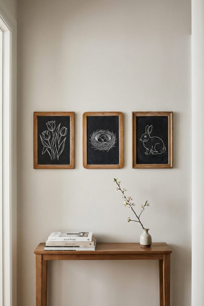 Spring Chalkboard Ideas That Feel Fresh and Easy to Style 28 Three small framed chalkboards with tulips, a bird nest, and a bunny sketch above a narrow wood table; minimalist spring chalkboard ideas for a hallway wall.