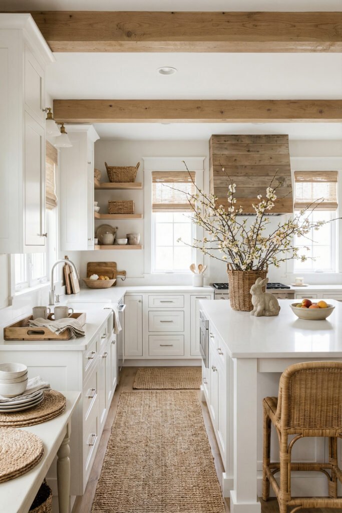 Bright white kitchen with wood beams, woven rugs, basket florals, a bunny accent, and natural textures layered into spring kitchen décor
