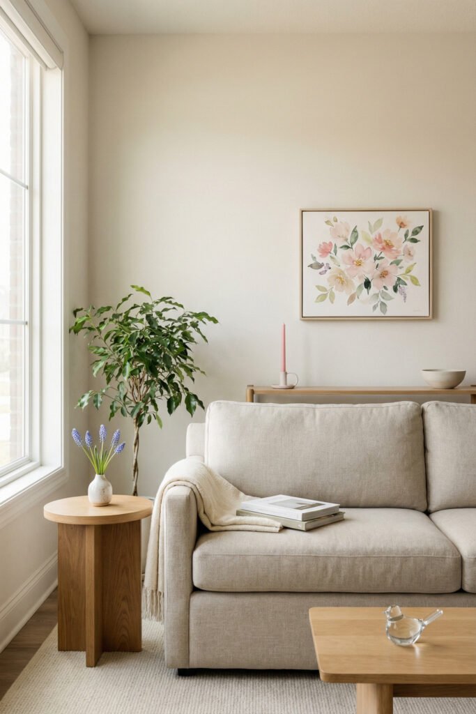 Cream sofa with floral wall art, wood side table, muscari stems, pink taper, and soft neutral styling for minimal spring living room décor.
