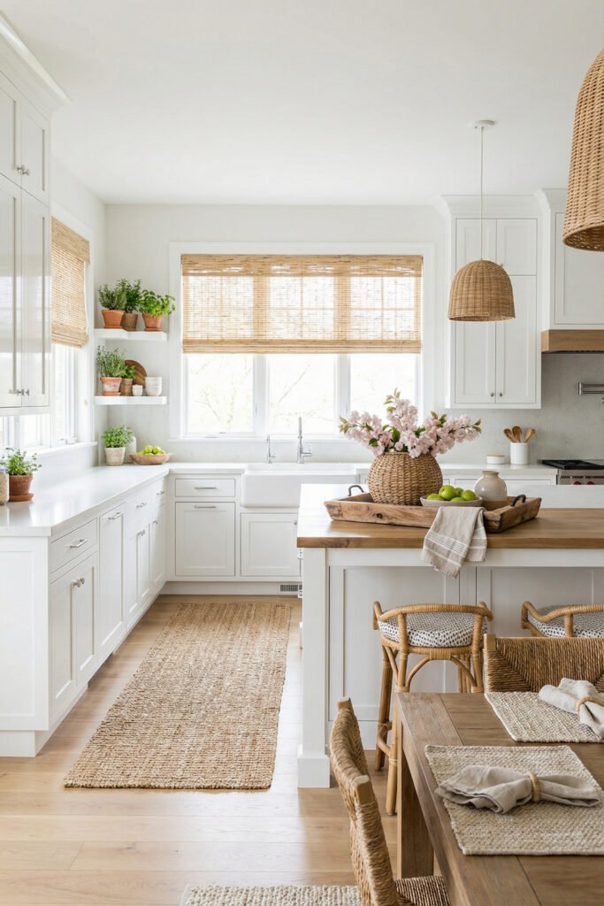 Airy white kitchen with rattan pendants, woven stools, blush blossoms in a basket, herbs on shelves, and warm natural textures for spring kitchen décor
