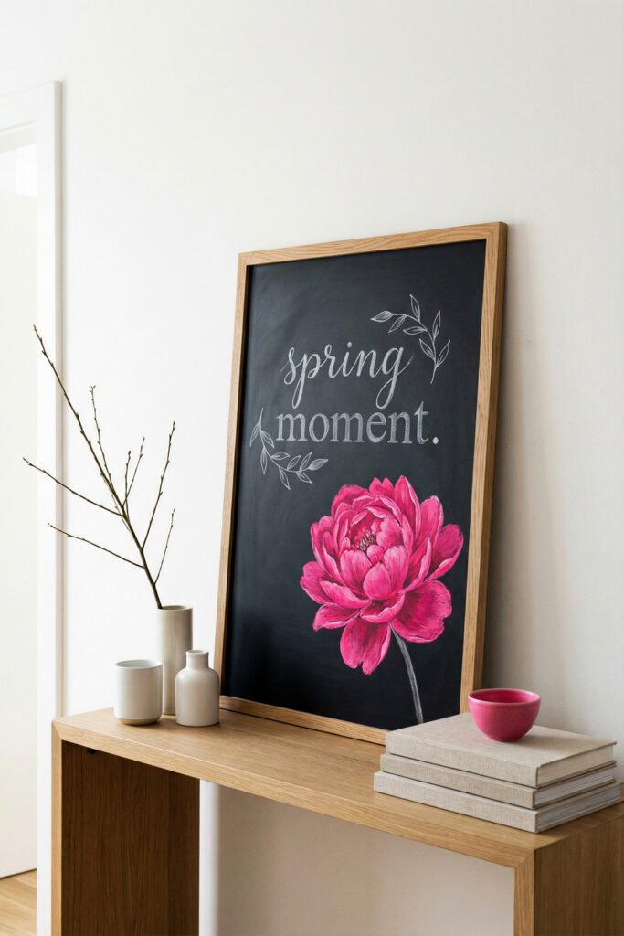 Spring Chalkboard Ideas That Feel Fresh and Easy to Style 29 Framed chalkboard with a bold pink peony and “spring moment.” lettering on a wood console; artistic spring chalkboard ideas for modern floral decor.