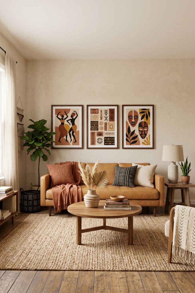 Afro Boho living room with three framed Afro-inspired prints above a camel sofa, warm wood table, woven rug, plants, and layered earthy textiles
