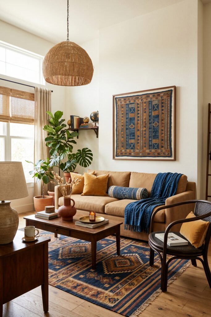 Camel sofa with blue throw and pillows, framed indigo textile art, woven pendant, plants, and patterned rug in an Afro Boho Decor living room.
