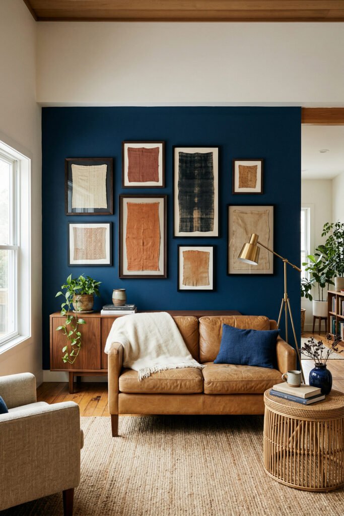 Living room with navy accent wall, framed textiles, tan leather sofa, brass floor lamp, wood cabinet, and woven rug.
