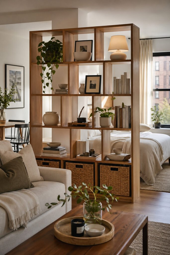Open wood shelving divider with plants, books, baskets, and neutral studio apartment vibes decor ideas
