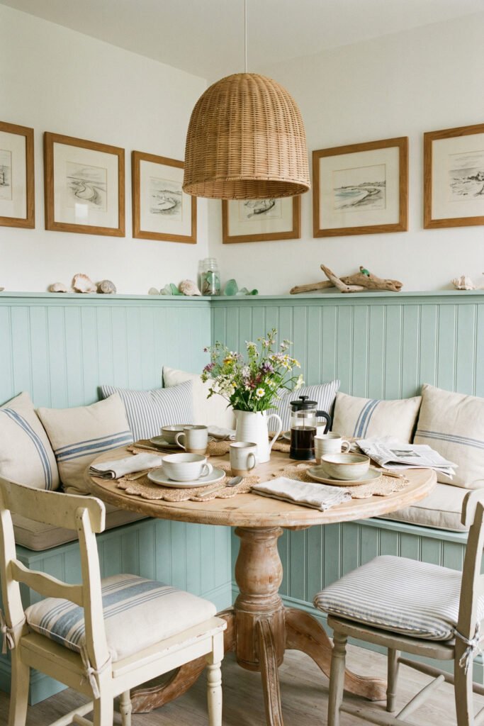 Beach Cottage Decor That Feels Fresh for Summer 3 Round pedestal table in a mint beadboard breakfast nook with striped cushions, wicker pendant, flowers, and framed coastal art for beach cottage decor.