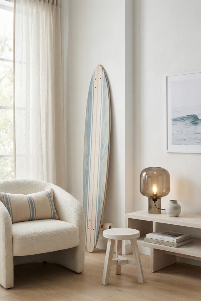 Coastal Summer Aesthetic Ideas for a Breezy Apartment 3 Soft coastal corner with a boucle chair, striped lumbar pillow, surfboard decor, glass lamp, and ocean print in a calm coastal summer aesthetic.