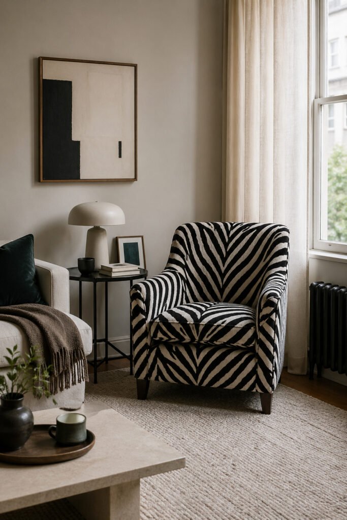 Neutral apartment corner with zebra-print accent chair, abstract wall art, soft curtains, and bold decor ideas with personality
