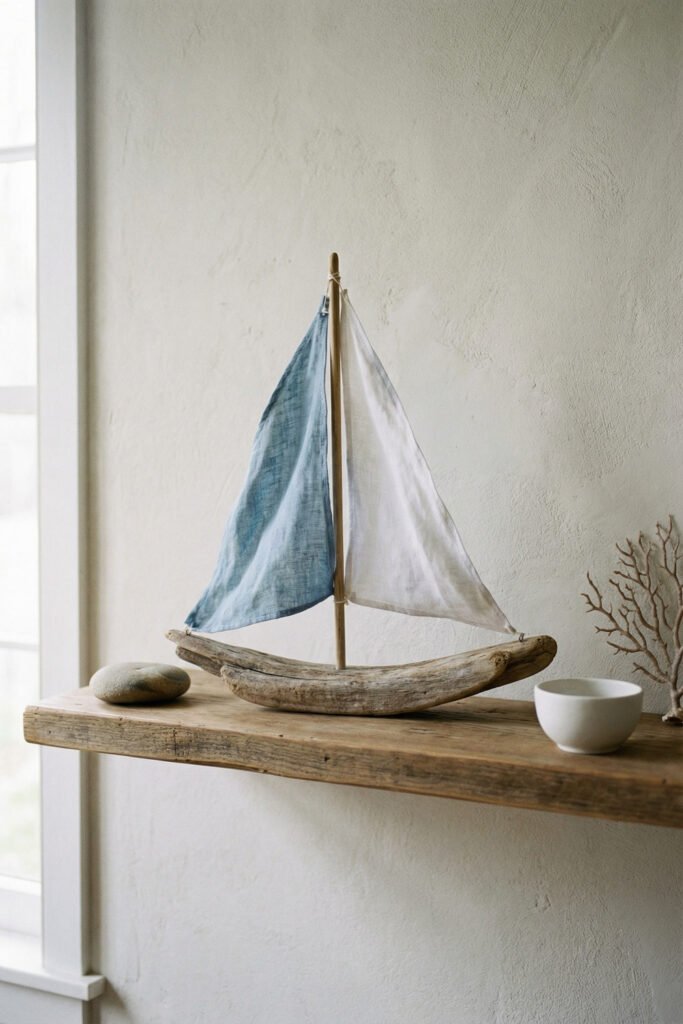Diy Beach Decor That Feels Fresh for Summer 4 Driftwood sailboat with blue and white fabric sails styled on a rustic floating shelf with coral and bowl, simple DIY beach decor.