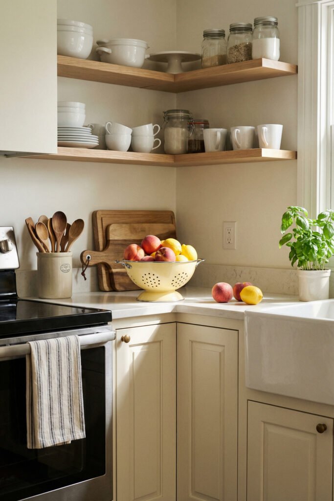 Corner kitchen with open wood shelves, white dishes, cutting boards, fruit colander, basil plant, and farmhouse sink in a light summer farmhouse style.
