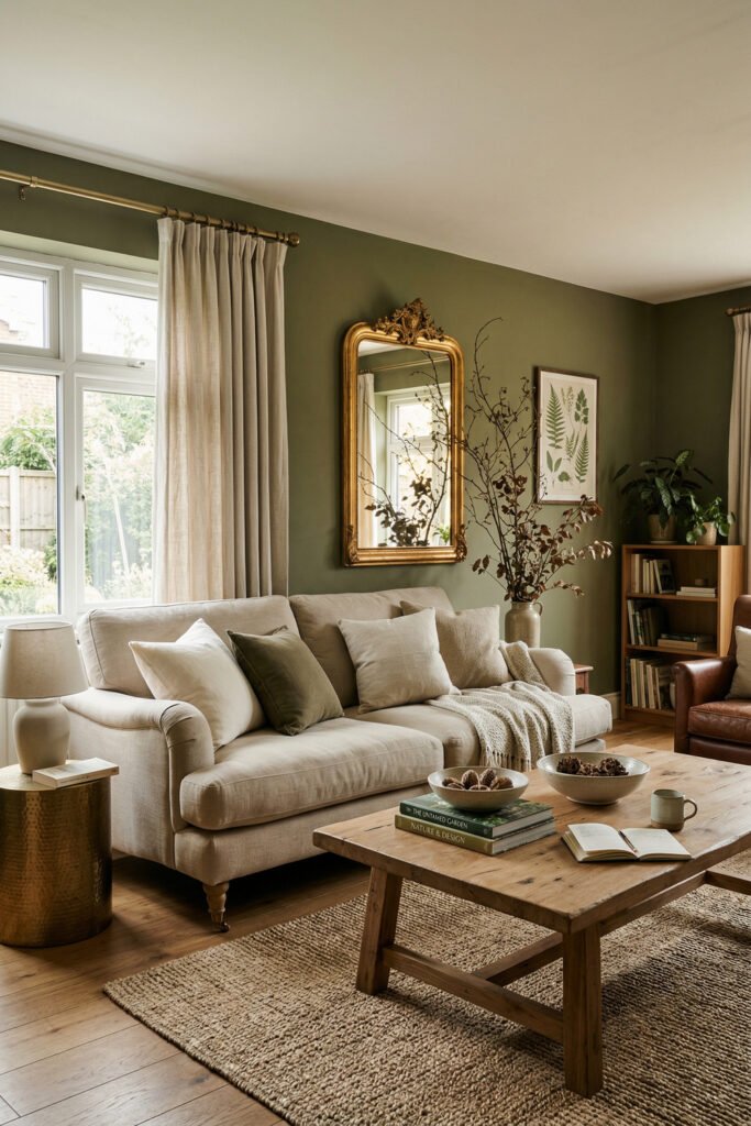 Green And Gold Room Ideas For A Stylish Living Room 4 Cozy living room with olive green walls, beige sofa, ornate gold mirror, wood coffee table, and layered natural textures.