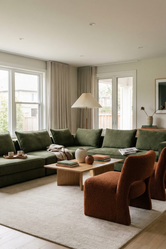 Airy green and rust living room with a soft green sectional, rust boucle chairs, wood coffee table, pleated floor lamp, and light neutral rug.
