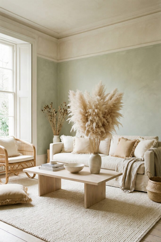 Green Boho Living Room Ideas With Relaxed Style 4 Soft sage green boho living room with cream sofa, rattan chair, pampas grass, pale wood coffee table, and cozy neutral textiles.
